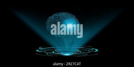 Artificial intelligence (AI), machine learning, neural networks, human brain in circle hud graphic shine glow blue display futuristic Stock Photo