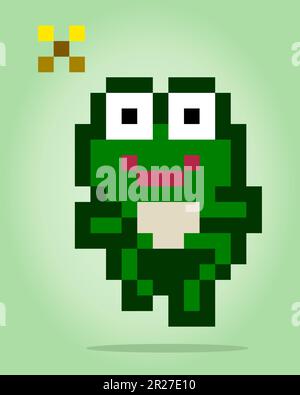 8 bit pixel frog jump. Animals in vector illustrations for cross stitches and game assets. Stock Vector