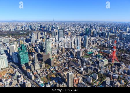 Tokyo Tower and Tokyo Skytree from above Minato Ward Stock Photo