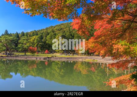 Motsuji temple Oizumigaike pond with autumn leaves Stock Photo