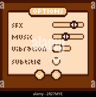 8-bit pixel text, game option menu. Background icon for game assets in vector illustrations. Stock Vector