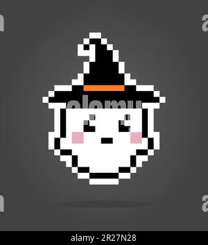 8 bit Pixel ghost wearing wizard hat. Cute flying ghost in vector illustration Stock Vector