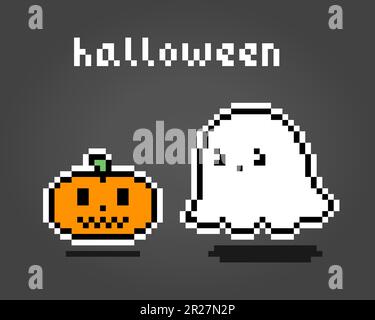 8 bit Pixel ghost. Cute ghost and pumpkin in vector illustration. Stock Vector
