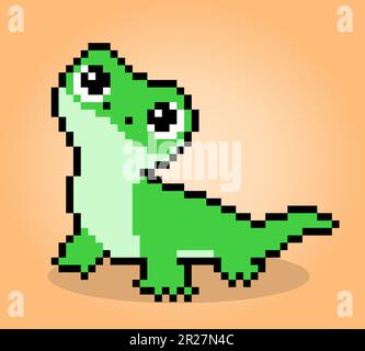 8-bit pixel gecko colored green. Lizards Pixel in vector illustrations for cross stitches and game assets. Stock Vector