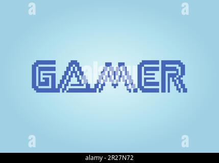 8 bit pixel of gamer text. Background a game assets and Cross Stitch patterns in vector illustrations. Stock Vector