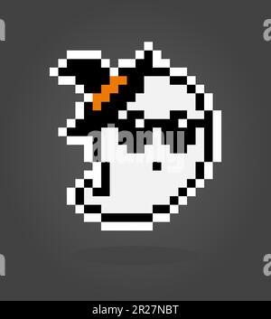 8 bit Pixel ghost wearing wizard hat. Cute flying ghost in vector illustration Stock Vector