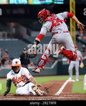 Baltimore, United States. 17th May, 2023. Baltimore Orioles right fielder Terrin  Vavra (23) making contact with the pitch against the Los Angeles Angels on  May 16 2023 at Oriole Park at Camden