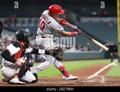 Los Angeles Angels' Gio Urshela throws out Kansas City Royals' Matt Duffy  during the second inning of a spring training baseball game, Friday, March  17, 2023, in Tempe, Ariz. (AP Photo/Matt York