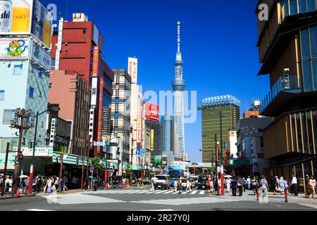 Tokyo Sky Tree and Kaminarimon street, Kaminarimon scramble intersection Stock Photo