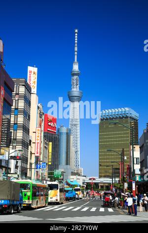 Tokyo Sky Tree and Kaminarimon street, Kaminarimon scramble intersection Stock Photo