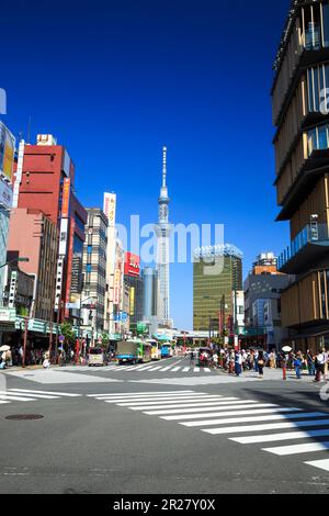 Tokyo Sky Tree and Kaminarimon street, Kaminarimon scramble intersection Stock Photo