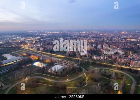 Cremona, Italy - January 2023 Sunset in plain near the city, Po bridge connecting Emilia Romagna and Lombardy Stock Photo