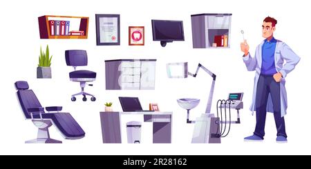 Cartoon set of dentist and stomatology equipment isolated on white background. Vector illustration of armchair, hospital tools, computer on desk, framed diploma, folders on shelf. Doctors workplace Stock Vector