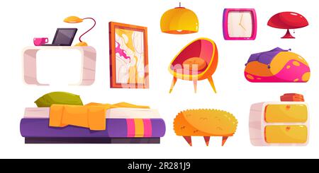 Cartoon set of groovy bedroom furniture set isolated on white background. Vector illustration of bed, armchair, desk with lamp and laptop, wall clock, abstract picture. Interior design elements Stock Vector