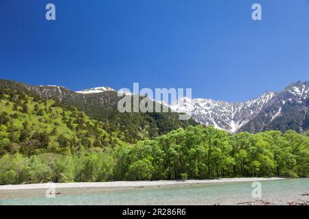 Kamikochi green scenery and Hotaka mountain range Stock Photo