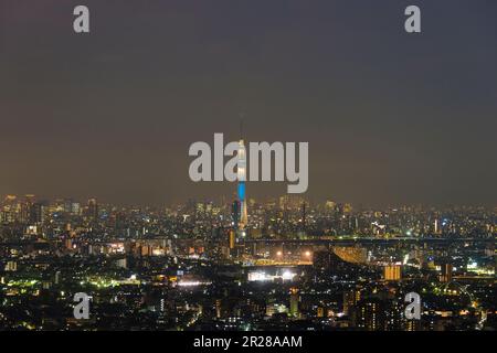 Tokyo Sky Tree lit up (Trendy) and Shinjuku’s city center Stock Photo