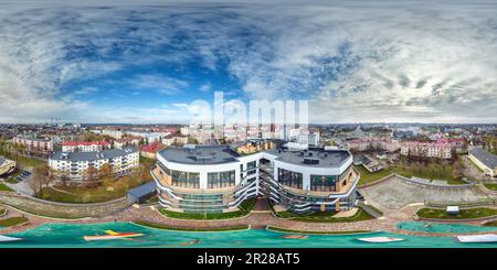 360 degree panoramic view of aerial full seamless spherical 360 hdri panorama view in city overlooking of residential area of high-rise buildings in equirectangular projection. ,