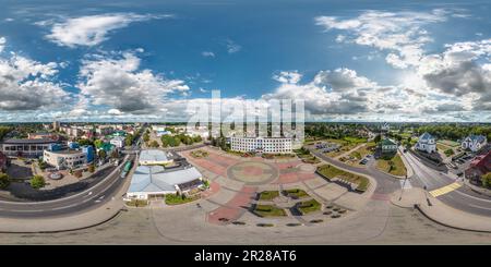 360 degree panoramic view of aerial hdri 360 panorama view from great height on buildings, churches and center square of provincial city in equirectangular  seamless spherical  pr