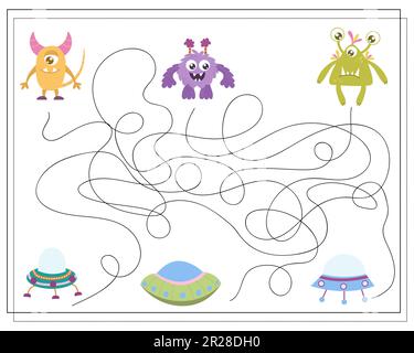 Maze, an educational game for children. Find the way from the cartoon monster to the flying saucer. Vector illustration Stock Vector