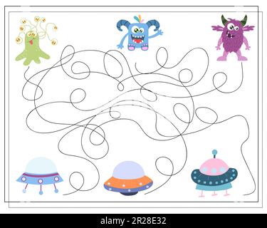 Maze, an educational game for children. Find the way from the cartoon monster to the flying saucer. Vector illustration Stock Vector