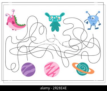 Maze, an educational game for children. Find the way from the cartoon monster to the flying saucer. Vector illustration Stock Vector