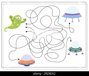 Maze, an educational game for children. Find the way from the cartoon monster to the flying saucer. Vector illustration Stock Vector