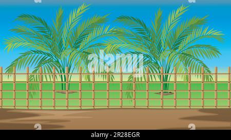 Vector village cartoon background illustration with old style cottage, well, trees, narrow road, mountains. Stock Vector