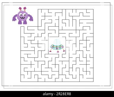 Maze, an educational game for children. Find the way from the cartoon monster to the flying saucer. Vector illustration Stock Vector