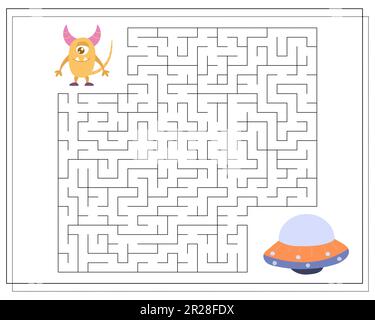 Maze, an educational game for children. Find the way from the cartoon monster to the flying saucer. Vector illustration Stock Vector