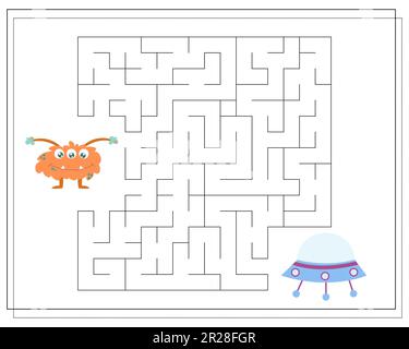 Maze, an educational game for children. Find the way from the cartoon monster to the flying saucer. Vector illustration Stock Vector