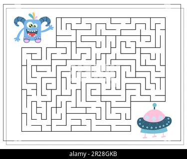 Maze, an educational game for children. Find the way from the cartoon monster to the flying saucer. Vector illustration Stock Vector