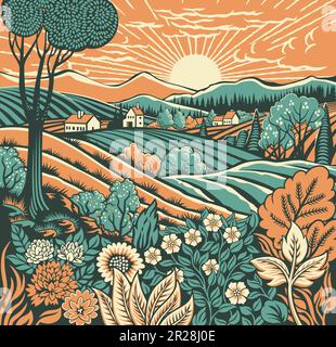 Fields Rolling Hills Farm Land Flowers Background Stock Vector