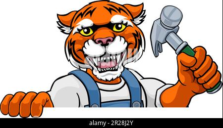 Tiger Carpenter Handyman Builder Holding Hammer Stock Vector