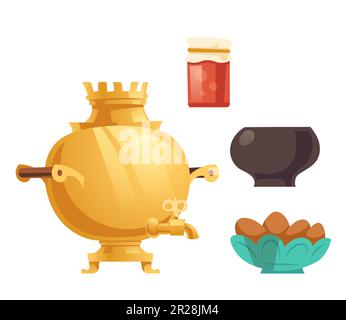 Samovar, jam in glass jar, pot and cakes. Vector cartoon traditional russian utencil and food for teatime isolated on white background. Vintage golden samovar, sweet fruit confiture and pies Stock Vector