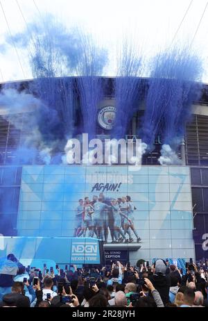 Manchester, UK. 17th May, 2023. Fans gather to watch the teams arrive before the UEFA Champions League match at the Etihad Stadium, Manchester. Picture credit should read: Darren Staples/Sportimage Credit: Sportimage Ltd/Alamy Live News Stock Photo