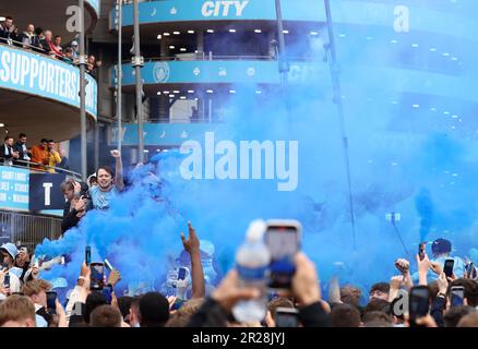 Manchester, UK. 17th May, 2023. Fans gather to watch the teams arrive before the UEFA Champions League match at the Etihad Stadium, Manchester. Picture credit should read: Darren Staples/Sportimage Credit: Sportimage Ltd/Alamy Live News Stock Photo