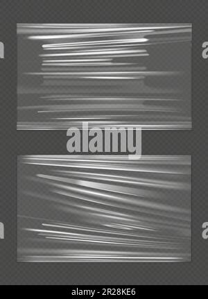 Stretched cellophane banner, realistic crumpled or folded texture vector illustration. Clear transparent polyethylene top of plastic container, tape or elastic wrapping paper for food or snacks bag Stock Vector