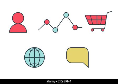 Digital marketing app services flat line color isolated vector icons set Stock Vector