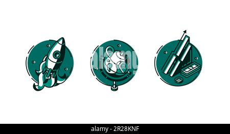 Round icons set rocket take off, globe with gps pins and isometric data analysis or finance growth chart and money isolated on white background, green color line art flat vector illustration, clip art Stock Vector