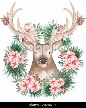 Christmas deer with a garland illustration. Watercolor drawing isolated ...