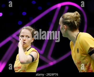 Suzhou, China's Jiangsu Province. 18th May, 2023. Linda Efler/Isabel Lohau (L) of Germany compete in the women's doubles match against Catherine Choi/Josephine Wu of Canada during the group B match between Germany and Canada at BWF Sudirman Cup in Suzhou, east China's Jiangsu Province, May 18, 2023. Credit: Jia Haocheng/Xinhua/Alamy Live News Stock Photo