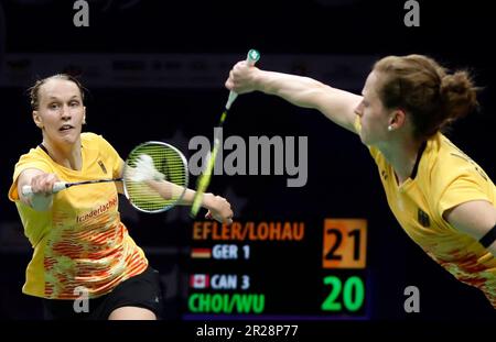 Suzhou, China's Jiangsu Province. 18th May, 2023. Linda Efler (L)/Isabel Lohau of Germany react in the women's doubles match against Catherine Choi/Josephine Wu of Canada during the group B match between Germany and Canada at BWF Sudirman Cup in Suzhou, east China's Jiangsu Province, May 18, 2023. Credit: Jia Haocheng/Xinhua/Alamy Live News Stock Photo