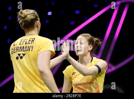 Suzhou, China's Jiangsu Province. 18th May, 2023. Linda Efler/Isabel Lohau (R) of Germany react in the women's doubles match against Catherine Choi/Josephine Wu of Canada during the group B match between Germany and Canada at BWF Sudirman Cup in Suzhou, east China's Jiangsu Province, May 18, 2023. Credit: Jia Haocheng/Xinhua/Alamy Live News Stock Photo