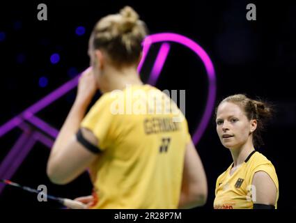 Suzhou, China's Jiangsu Province. 18th May, 2023. Linda Efler/Isabel Lohau (R) of Germany react in the women's doubles match against Catherine Choi/Josephine Wu of Canada during the group B match between Germany and Canada at BWF Sudirman Cup in Suzhou, east China's Jiangsu Province, May 18, 2023. Credit: Jia Haocheng/Xinhua/Alamy Live News Stock Photo