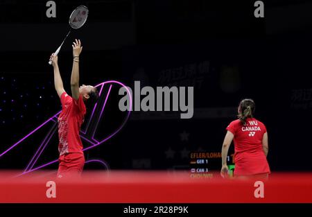 Suzhou, China's Jiangsu Province. 18th May, 2023. Catherine Choi(L)/Josephine Wu of Canada react in the women's doubles match against Linda Efler/Isabel Lohau of Germany during the group B match between Germany and Canada at BWF Sudirman Cup in Suzhou, east China's Jiangsu Province, May 18, 2023. Credit: Jia Haocheng/Xinhua/Alamy Live News Stock Photo