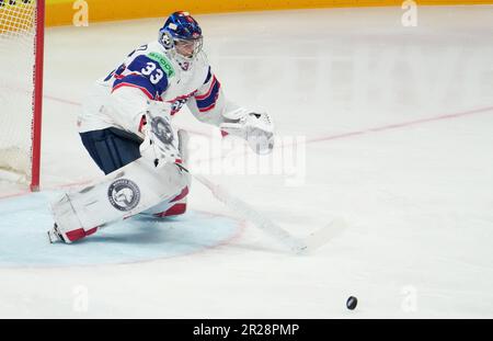 Riga, Latvia. 17th May, 2023. Norway's goalkeeper Henrik Haukland tries to make a save during the Group B match between Latvia and Norway at the 2023 IIHF Ice Hockey World Championship in Riga, Latvia, May 17, 2023. Credit: Edijs Palens/Xinhua/Alamy Live News Stock Photo