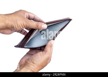 An empty open wallet holding in hands on isolated white background Stock Photo