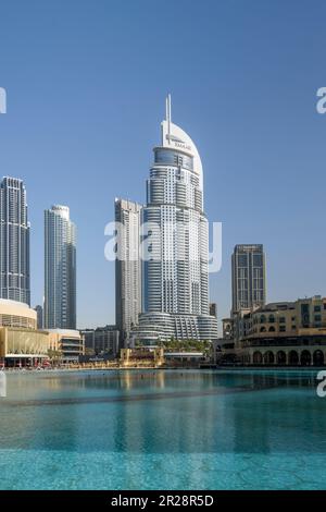 The Address Downtown Hotel and the Dubai Fountain, Downtown Dubai, United Arab Emirates Stock Photo
