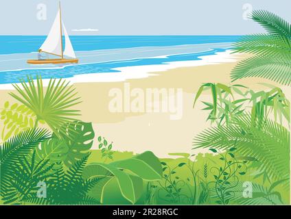 Beach with sailing ship and palm trees– illustration Stock Vector
