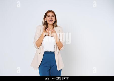 A young girl expressing her face, and her hands showing her idea, white ...